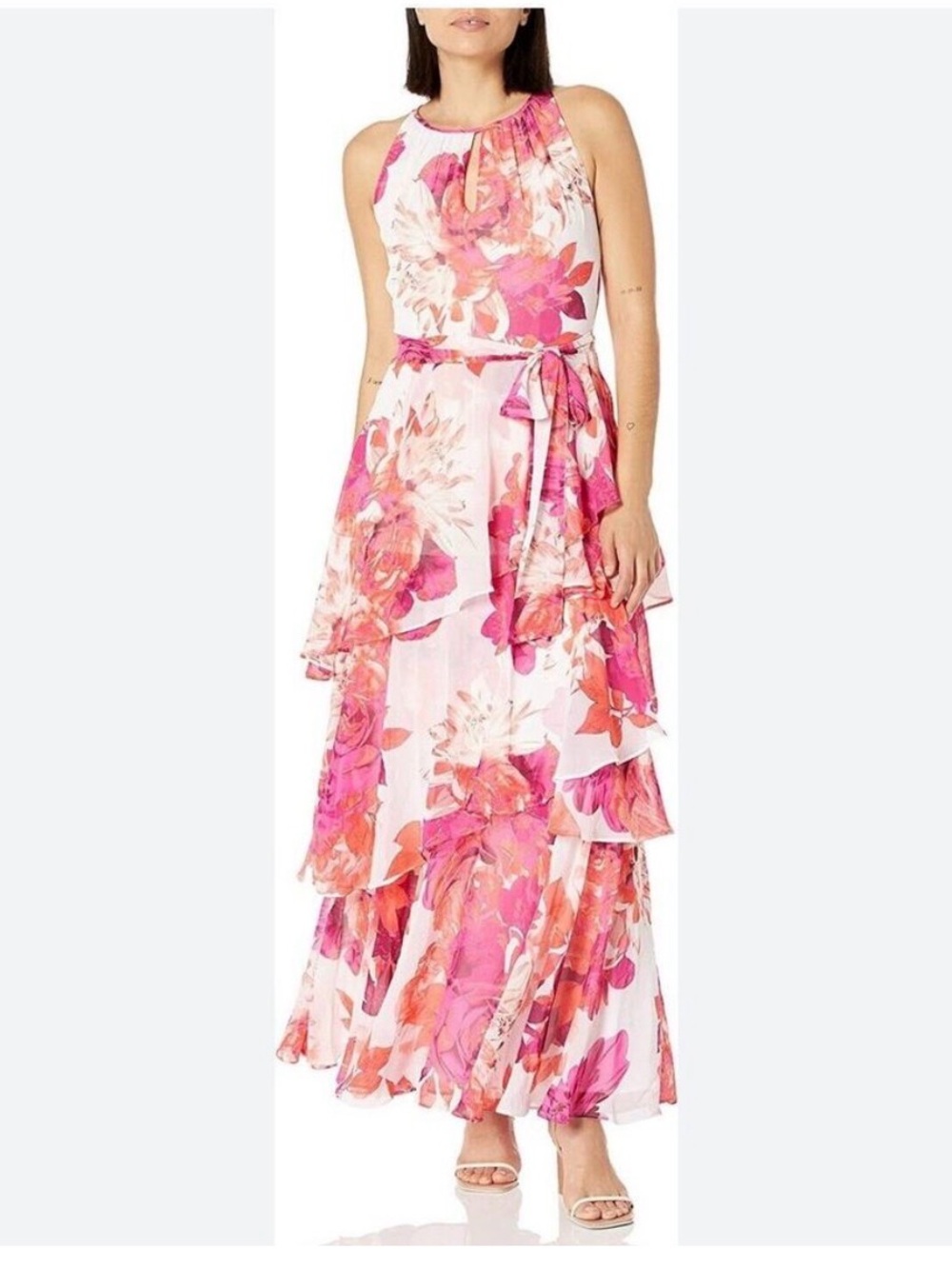 Tahari Pink & Coral Floral Halter Tiered Maxi Dress Size 12